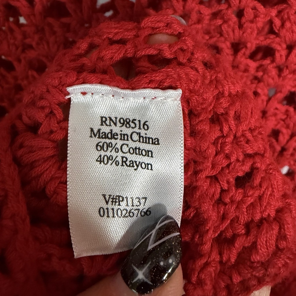 VTG 1X Red Crochet Open Knit 3/4 Sleeve Cottage Cardigan Button Grandma 90s Y2K - Picture 14 of 15